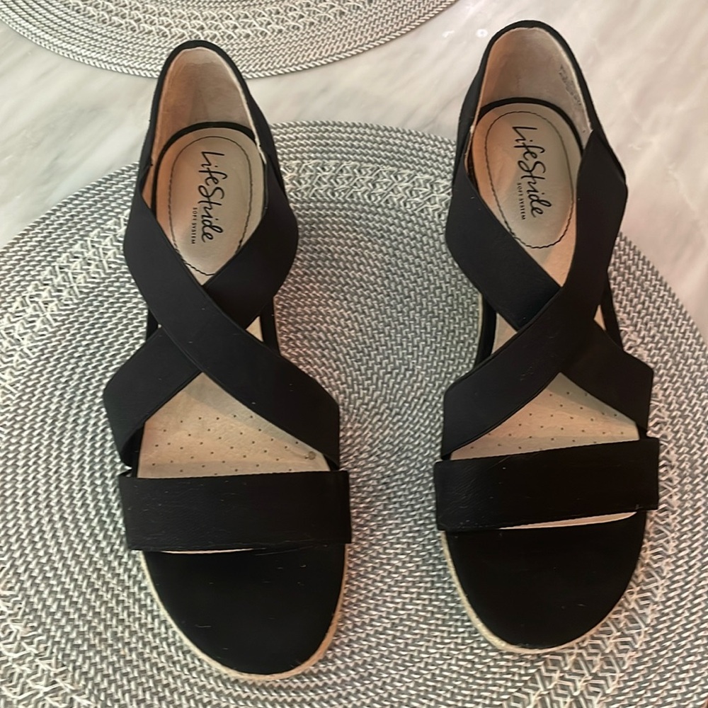 LifeStride Black Crisscross Wedge Sandals